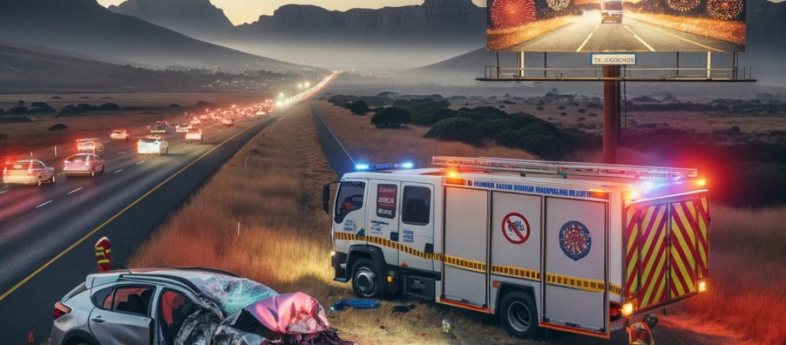 A South African highway scene during the festive season, featuring a wrecked car and emergency services at the site of a road accident. The setting is